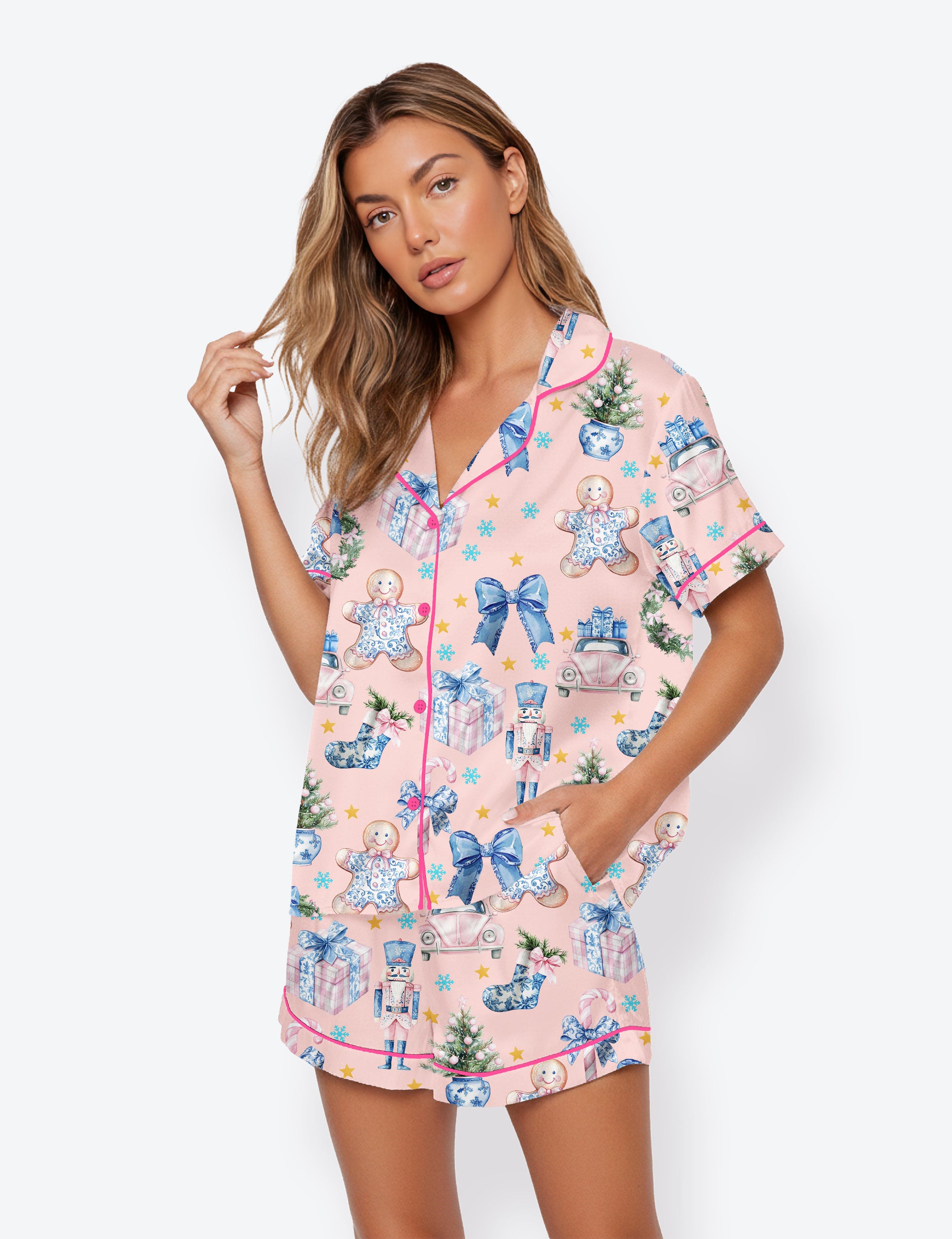 Women's Coquette Chinoiserie Christmas Short Sleeve Satin Pajama Set
